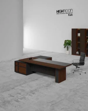 Kelt executive desk with black legs and integrated workspace design