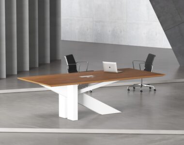 Shop the Wasp Meeting Table with white legs, customizable MDF top & wire manager – perfect for modern meeting & conference rooms in Dubai.
