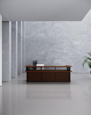 Minimal reception desk with black legs for front office operations