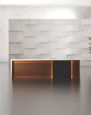 Modern reception desk with black legs for commercial office interiors