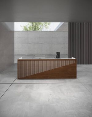 Modern white reception desk with white legs for office reception areas in Dubai