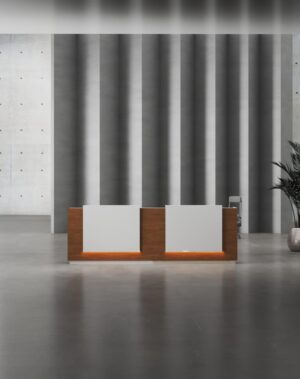 Modern white front desk for office reception and visitor management