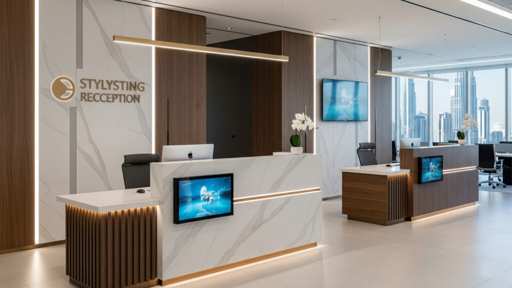 Stylish modern reception desk design for Dubai offices