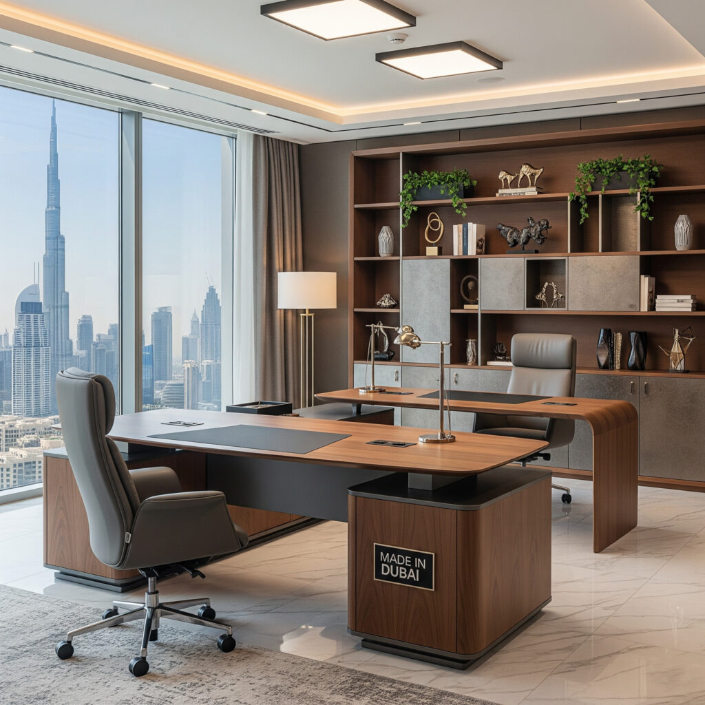 Customized office furniture in Dubai showing tailor-made desks, chairs, and storage