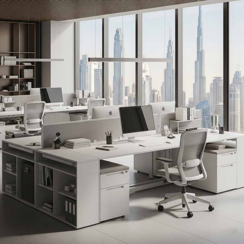 Modern modular office workstation in Dubai with desks, chairs, and storage solutions