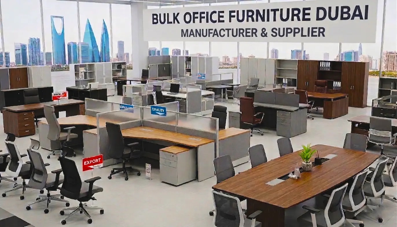 Bulk office furniture setup in Dubai showing modern workstations, ergonomic chairs, and organized office layout by Highmoon Office Furniture